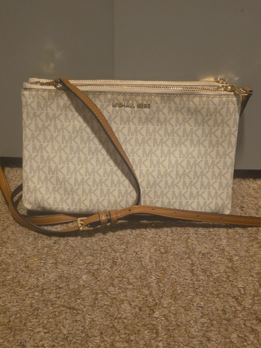Michael Kors Cream Signature Monogram Crossbody with Tan Strap
